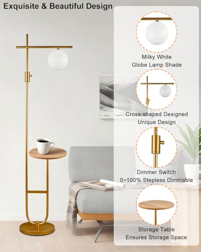 66IN Gold Floor Lamp with Table, Modern Shelf Lamp for Living Room