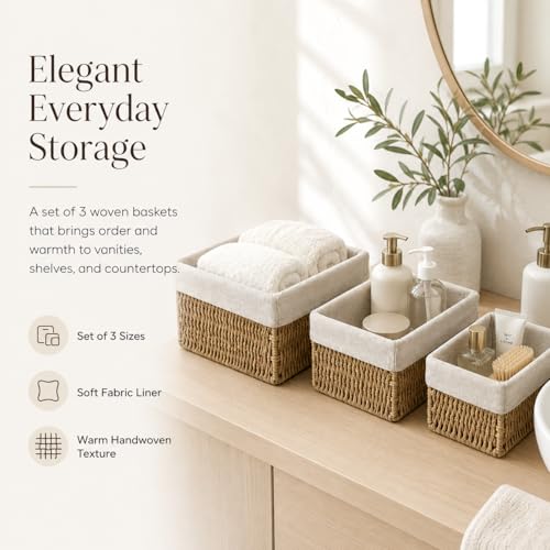 Wicker Storage Baskets Set of 3, Bathroom & Shelf Bins - size: Small without Lids