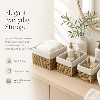Wicker Storage Baskets Set of 3, Bathroom & Shelf Bins - size: Small without Lids