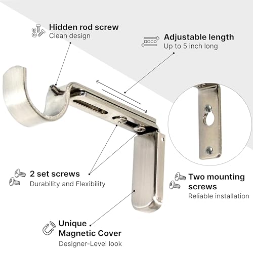 Adjustable Curtain Rod Brackets for Wall 2 Pack, Heavy Duty, Brushed Nickel - color: Brushed Nickel - Set of 2