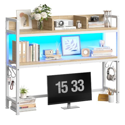REIBII 2-Tier Desk Shelf with LED for Bedroom and Home Office, White - color: White, size: 7.8"D x 37.5"W x 38.7"H