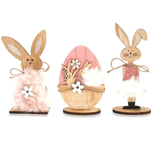 Easter Bunny Decor – 3Pcs Farmhouse Wooden Easter Decorations for Home, Rustic Spring Signs Table Centerpiece, Cute Natural Wood Rabbit Figure for Mantle Shelf Tiered Tray Indoor Decor - color: Fh3015