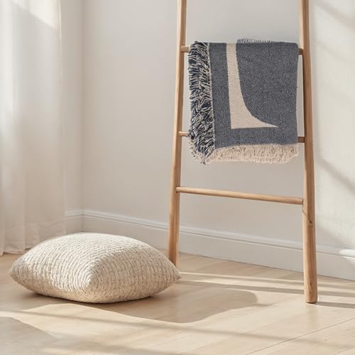Bloomingville Woven Cotton Blend Jacquard Throw Blanket, Natural and Blue