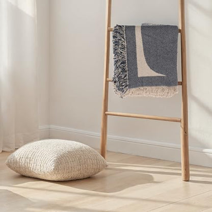 Bloomingville Woven Cotton Blend Jacquard Throw Blanket, Natural and Blue
