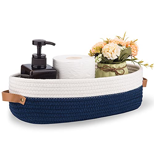 Toilet Basket,Woven Storage Basket for Toilet Tank Top Farmhouse Home Decor Organizing Baskets 13"x5.9"x4" Navy Stitching White - color: 1 pack Navy Stitching White