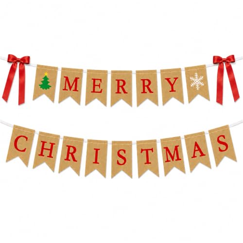 Merry Christmas Bow Burlap Banne - Vintage Rustic Christmas Decorations