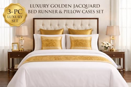 Jacquard Bed Runner Set with 2 Pillow Covers, No Filling, Bedding Decor - color: Rich Gold, size: King