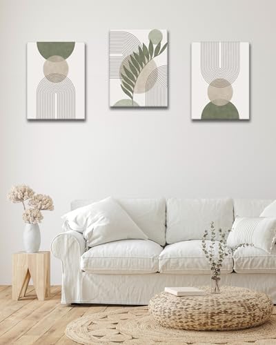 HesenDot 40x60CM Sage Green Boho Wall Art, Botanical Geometric Framed Canvas Bathroom Wall Art, Mid-Century Modern Wood Frame Abstract Prints for Living Room Bedroom Bathroom Home Decor, Set of 3 - color: Sage Green-Framed, size: 24"L x 16"W