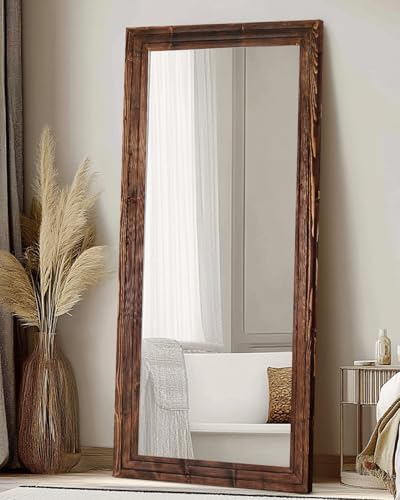 71x30in Full Length Mirror, 3-Tier Stepped Solid Wood Frame, Brown - color: Brown, size: 71"L x 30"W