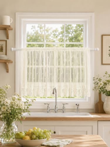 Molaxhome Kitchen Curtains Valance Beige Lace Floral Semi Sheer Curtain - color: Beige, size: 54"W x 35"L (Pack of 1)