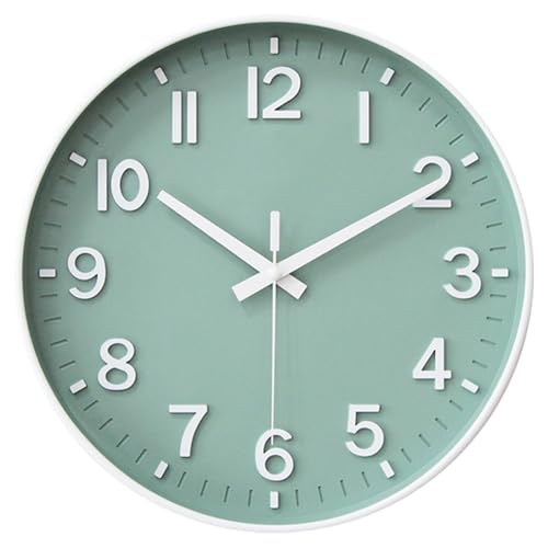 12 Inch Wall Clock Battery Operated Silent Non Ticking Clock Green White Modern Round Wall Clock with 3D Numbers Decorative for Kitchen Bedroom Living Room Office Classroom - color: Green White, size: 12 Inch