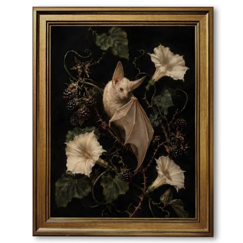 Albino Bat Moonflower Wall Art Canvas Print Gothic Dark Academia Animal Botanical Posters Surreal Bat Painting Vintage Moody Night Garden Art Decor for Living Room Office 12x16inch Retro Gold Frame - color: Style-8 Golden Frame, size: 12"L x 16"W