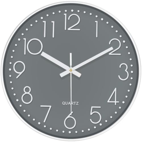Silent Wall Clocks Battery Operated 8 Inch, Analog Wall Clock with Oversized Number Tempered Glass Clock Face, Quartz Non Ticking Wall Clocks for Living Room Bedroom Kitchen Office, Grey - color: Gray, size: 8 Inch