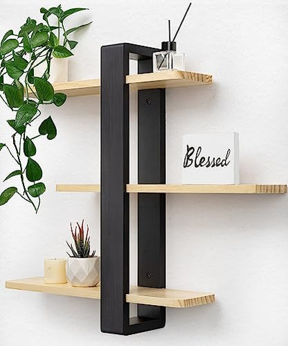 SUMGAR Wood Floating Shelves for Wall, 3 Tier Adjustable Plant Shelf Unit - color: Black&wooden, size: 3 Tier 19.6in