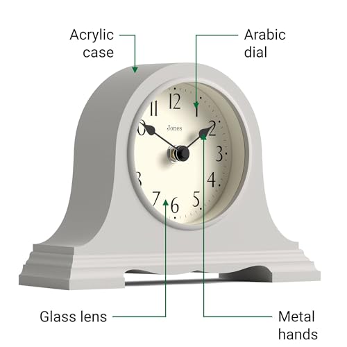 JONES CLOCKS® Speakeasy Small Mantel Clock | Classic Napoleon’s hat Design | Gray | Contemporary Classic Style for Desk, Table, Shelf or Bedside - color: Cloud Grey