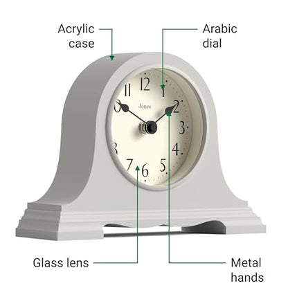 JONES CLOCKS® Speakeasy Small Mantel Clock | Classic Napoleon’s hat Design | Gray | Contemporary Classic Style for Desk, Table, Shelf or Bedside - color: Cloud Grey