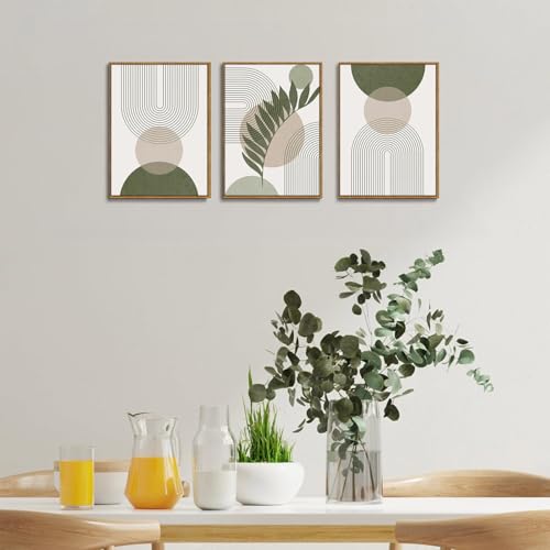 Boho Sage Green Abstract Framed Canvas Wall Art Set of 3, 16x24 inch - color: Sage Green, size: 16"x24"Natural