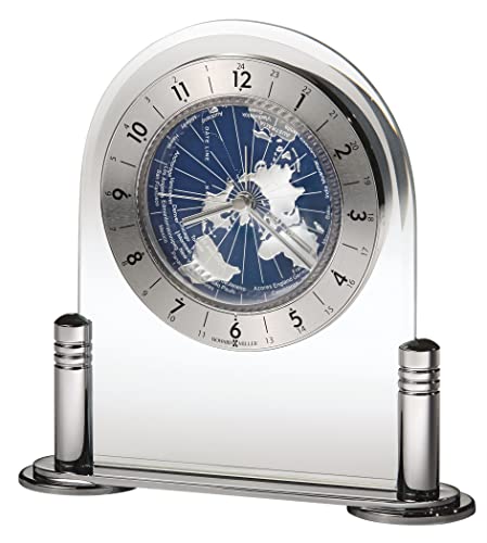 Howard Miller Discoverer Tabletop Clock – Revolving World Map, Quartz Movement, Silver-Tone Columns, Battery Operated