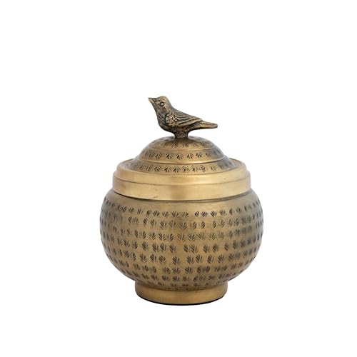Round Hammered Metal Container with Bird Finial, Brass Finish - size: 6 inches (Diameter) x 7 inches (Height), style: Bird