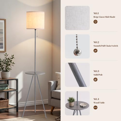 Floor Lamp with Side Table, Linen Shade, Standing Lamp for Living Room - color: Dark Grey