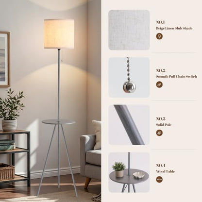 Floor Lamp with Side Table, Linen Shade, Standing Lamp for Living Room - color: Dark Grey