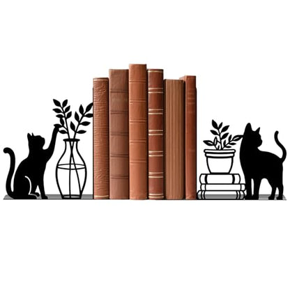 Metal Bookends Cat and Vase Book Ends for Shelves - color: Black - 1 Pair Cat & Vase