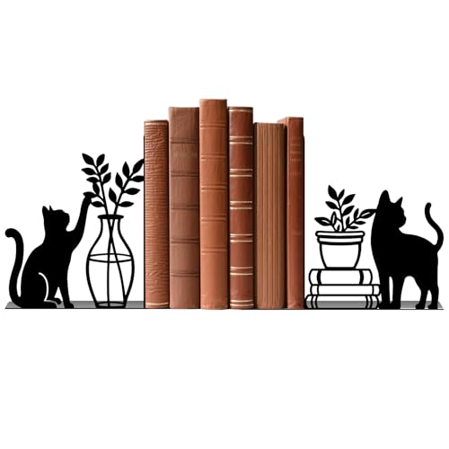 Metal Bookends Cat and Vase Book Ends for Shelves - color: Black - 1 Pair Cat & Vase