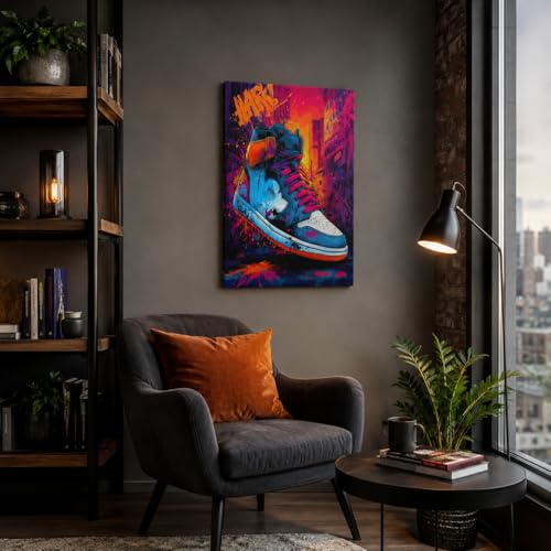 Urban Sneaker Canvas Wall Art Bold Framed Street Style Artwork 16x24 Inch - color: Graffiti Sneakers, size: 24"L x 16"W