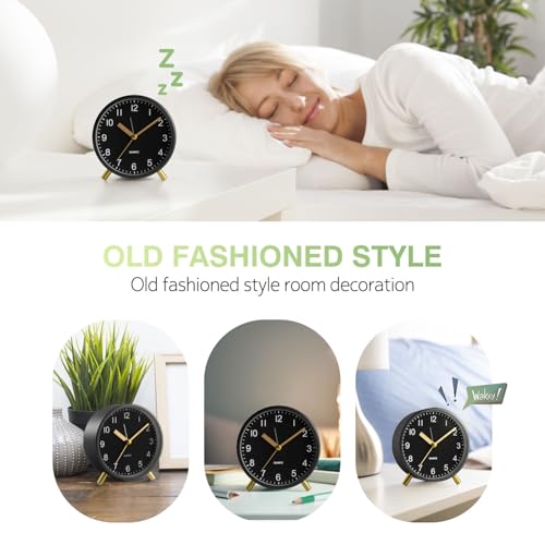 Silent Analog Quartz Kids Alarm Clock, Round Metal, Night Light - color: Black