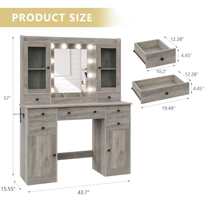 Xixini 44" Vanity Desk with Mirror & Lights, Glass Storage Cabinets, Grey - color: Grey