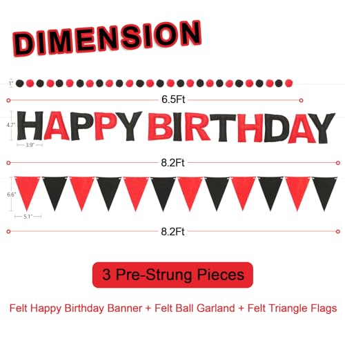Pre-Strung Felt Happy Birthday Banner Red Black Garland Set - color: Black Red
