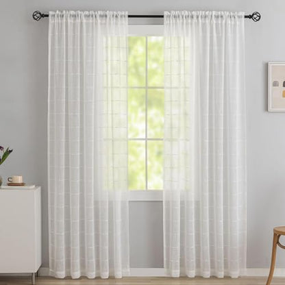 YJ YANJUN White Striped Sheer Curtains 90 inch Long, Boho Window Panels - color: White, size: 52"W x 90"L (Pack of 2)