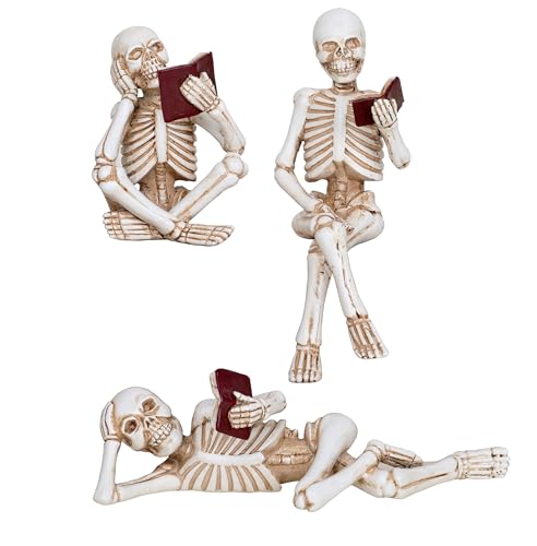 3 Piece Halloween Indoor Decor Figurines Sitting Skeleton Statue Halloween Decorations mini Reading Skull Figurine Home Decor for Living Room Table Shelf Ornament