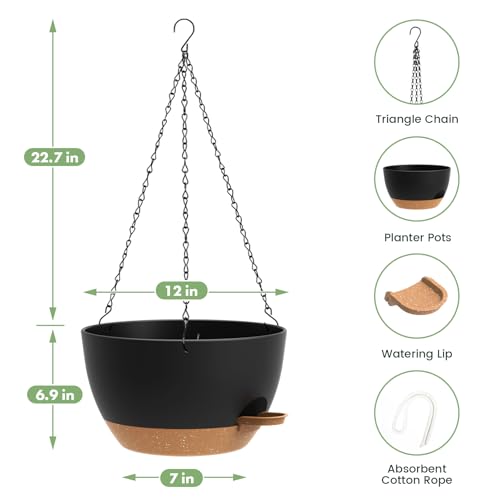 2 Pack 12 Hanging Flower Pots with Chains Self Watering Plastic Planters for Indoor Outdoor Plants, Sturdy Triangular Iron Chain Design for Garden PorchPlastic hanging flower pots(2, Black Brown) - color: Black Brown