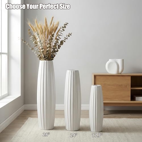White Tall Ceramic Floor Vase, 24 Inch, Ribbed Drum Design - color: Vertical Stripes, size: Height-24 Inch