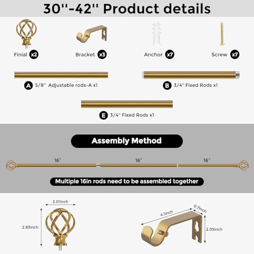 VOIIY Gold Curtain Rod 30-42 Inch, Adjustable Curtain Rods for Windows - color: Brass Gold, size: 30"-42"|1 Pack