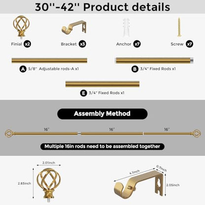 VOIIY Gold Curtain Rod 30-42 Inch, Adjustable Curtain Rods for Windows - color: Brass Gold, size: 30"-42"|1 Pack