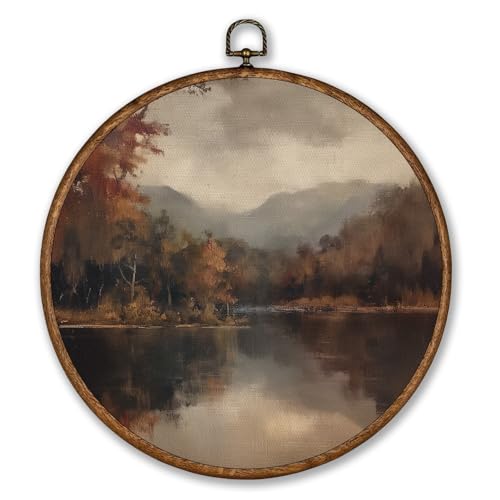 Voxitura Vintage Fall Landscape Wall Art Round Framed, Farmhouse Lake Wall Decor Canvas Hanging Living Room, Rustic Autumn Paintings Prints Artwork Decorations for Bedroom Thanksgiving 10x10in - color: Fall lake