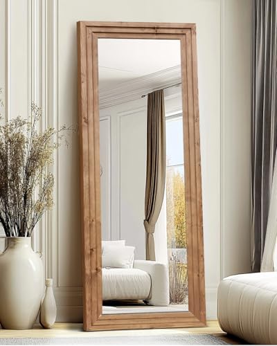 65x22in Full Length Mirror, 3-Tier Stepped Solid Wood Frame - color: Light Brown, size: 65"L x 22"W