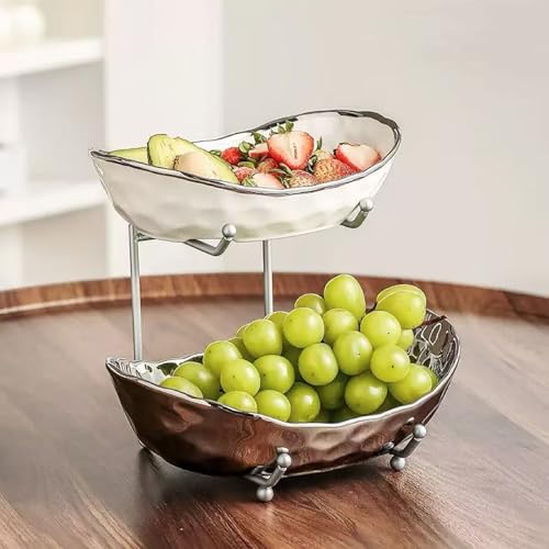 2-Tier Fruit Bowls for Kitchen Counter,Ceramic Bowl with Silver Metal Stand,2 Tier Fruit Basket for Fruit,Snack,Cake,Nuts,Dessert Space Saving Storage - color: Silver