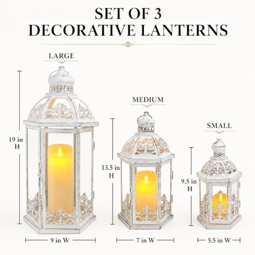 TRIROCKS Large Set of 3 Decorative Lanterns 19''&13.5''&9.5" H Vintage Hanging Lantern Metal Candle Lanterns with Tempered Glass for Indoor Outdoor Home Decor Parties Garden(White with Grey Brush) - color: 19''&13.5''&9.5" H White