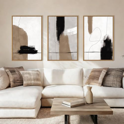 KAIRNE Abstract Neutral Black Brown Framed Canvas Wall Art Set-16"x24"x3 - color: Abstract Wall Art, size: 16"L x 24"W