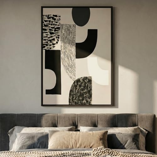 QKF Wabi Sabi Abstract 3D Texture Black Aluminum Frame Canvas Wall Art - color: Beige & Charcoal