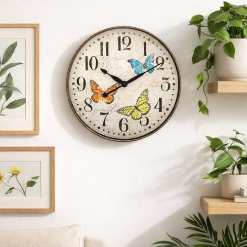 Westclox 32897BF Wall Clock, 12-Inch Round Analog Clock with Bold, Easy-to-Read Numbers, Battery Powered, Precise Quartz Movement, Perfect for Living Room, Kitchen, Office (Butterfly, 12-Inch) - style: Vintage
