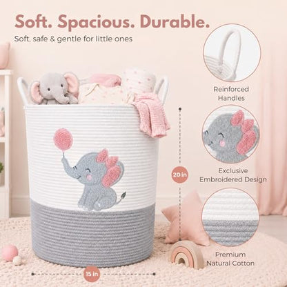 Elephant Baby Laundry Basket for Girl Nursery, Pink Rope Hamper, 20x15 in - color: Girl Elephant