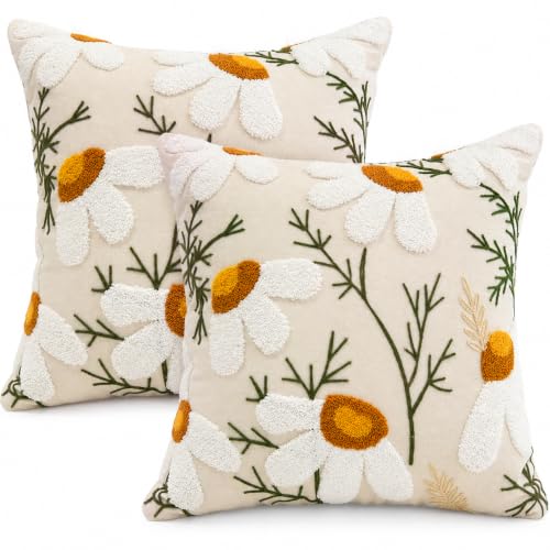 Set of 2 Embroidered Daisy Throw Pillow Cover 18x18 Inch, Cream White Floral Cushion Cover with Textured White & Mustard Yellow Flowers, Farmhouse Boho Decorative (White Daisy) - color: White Daisy