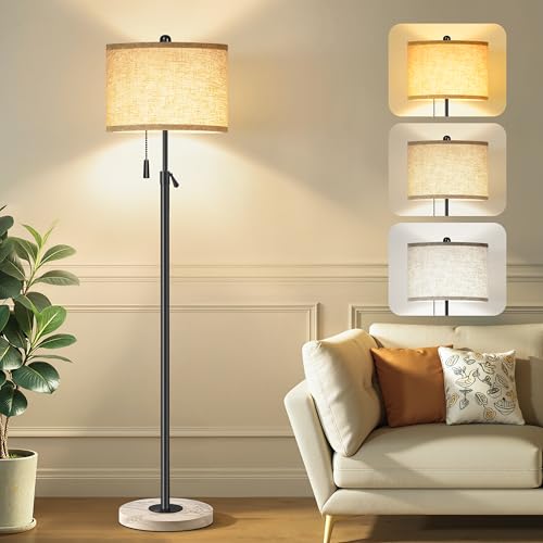 Floor Lamp for Living Room - Adjustable Height Standing Lamp with Marble Base & Linen Shade - Tall Pole Floor Light with 3 Color Temperatures Bulb for Bedroom, Reading - Easy Assembly - color: Black