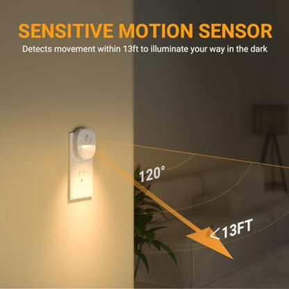 Lyridz Plug in Night Light with Motion Sensor and Dusk to Dawn Sensor, Dimmable Warm Nightlight with 1-50lm Adjustable Brightness Indoor for Bedroom, Bathroom, Stairs, Hallway, 4 Pack
