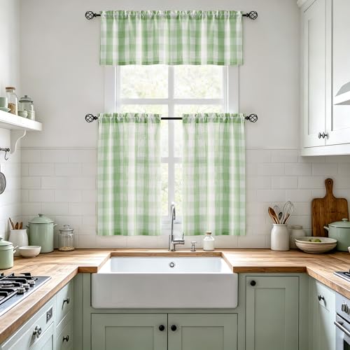 Plaid Kitchen Curtains 27x24 Green White Check Tiers for Kitchen Semi Sheer - color: Light Green and White, size: 24"W x 24"L (Pack of 2)