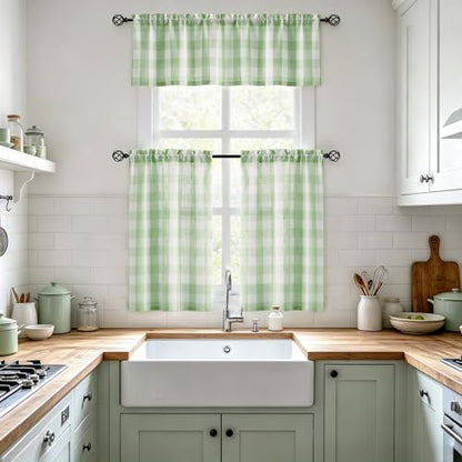 Buffalo Check Kitchen Valance Curtains for Living Room Kitchen 52x15" Green - color: Light Green and White, size: 50"W x 15"L (Pack of 1)